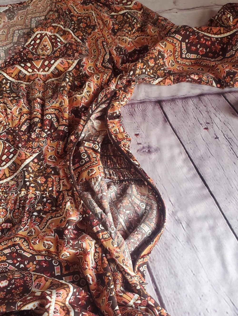 Wrangler Retro Bohemian Maxi Dress Paisley Peasant Western Ruffled XXL Brown - Picture 10 of 13